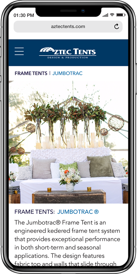 Aztec Tents Products page on an Iphone X
