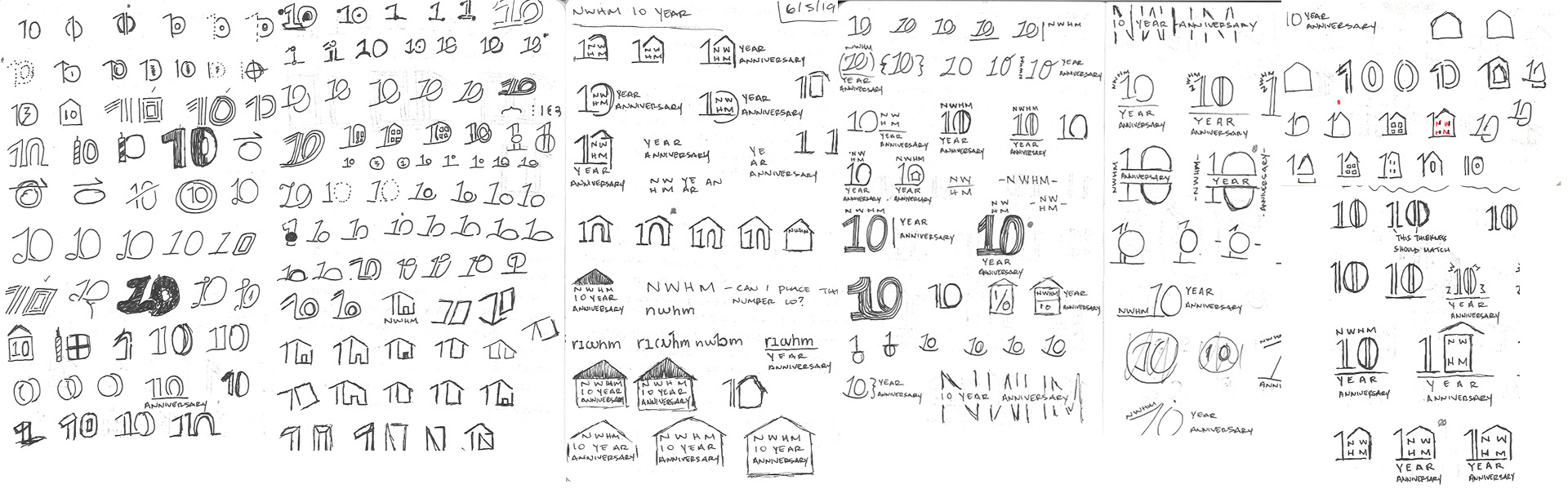 Notebook sketches for 10-Year Anniversary Logo
